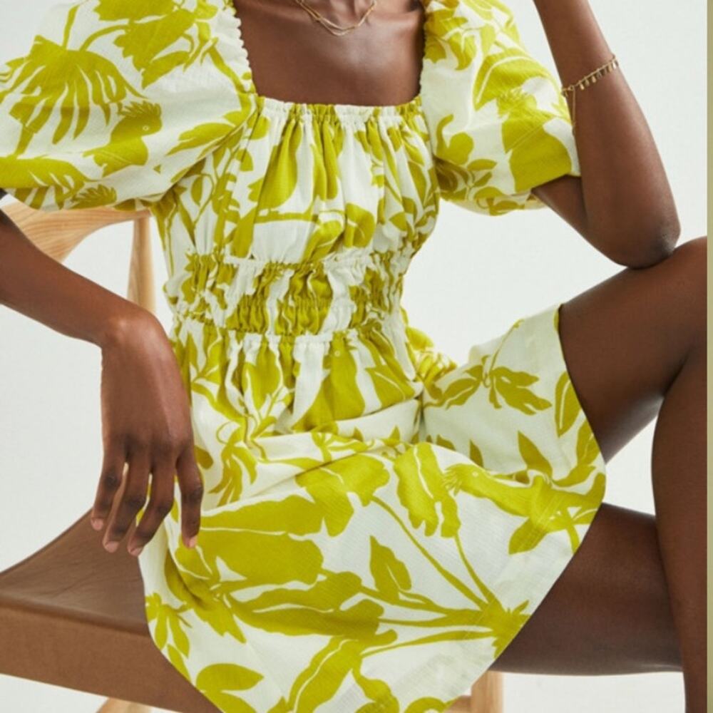 Maeve Anthropologie Feliciana Puff Sleeve Chartreuse White Mini Dress size small